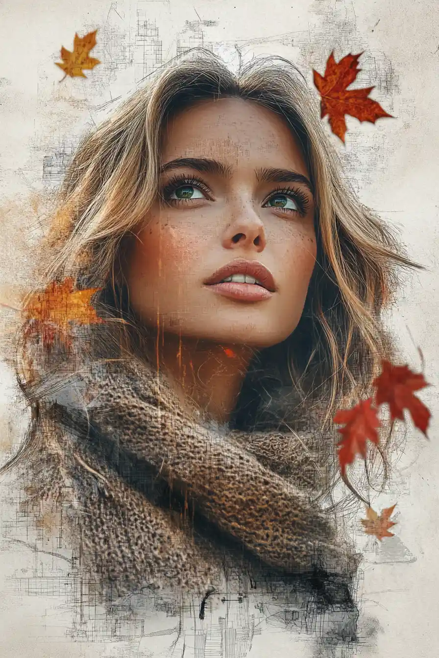 Artistic portrait of a woman with autumn leaves and textures