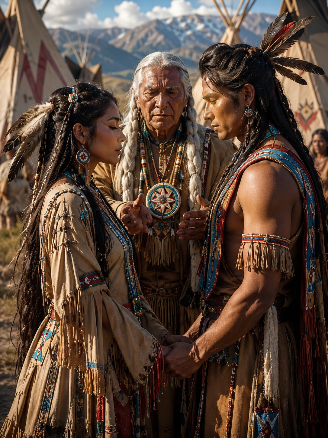 Ritual de casamento de casal nativo americano diante do chefe tribal