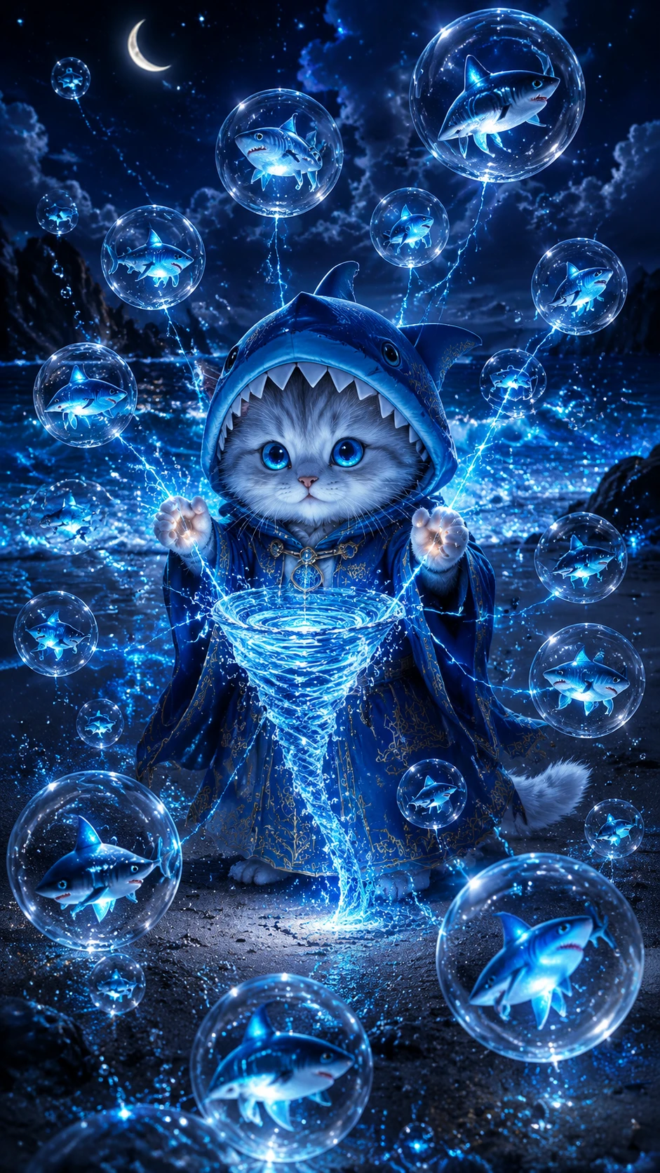 Gattino mago paffuto in stile anime su una spiaggia luminosa a mezzanotte