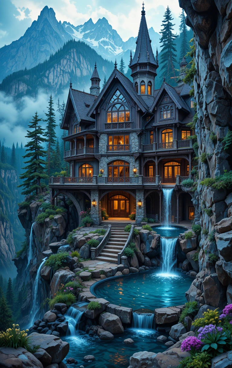 Casa de montaña fantástica con piscinas en cascada sobre el acantilado