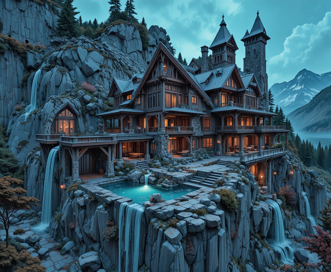 Fantasy mountain house with cascading cliffside pools