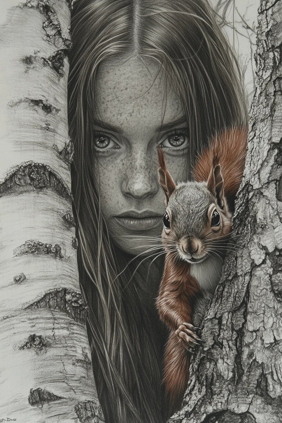 Retrato a lápis em ângulo baixo de uma mulher atrás de uma árvore de bétula