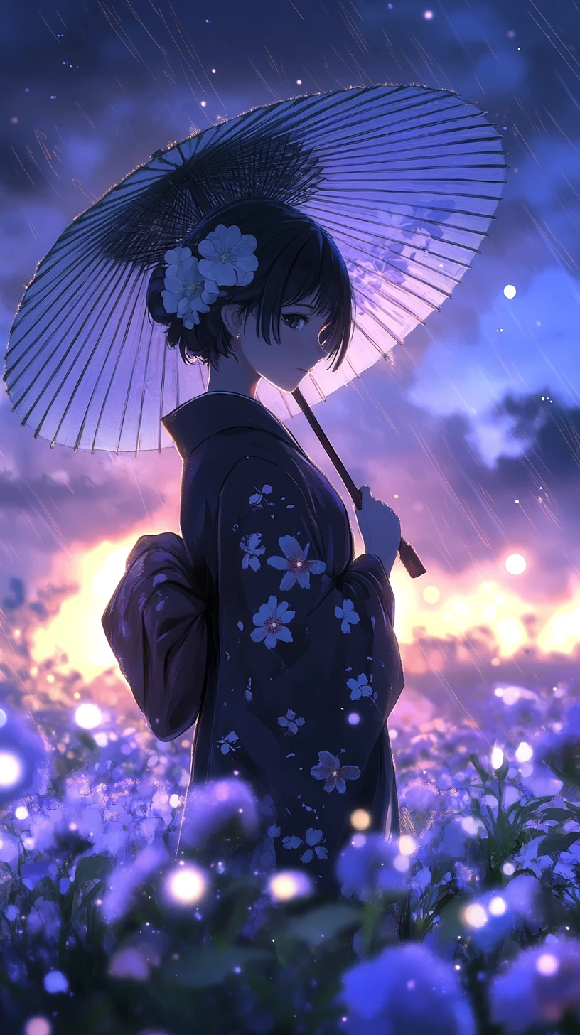 Ragazza anime in kimono sotto un cielo di fiori luminosi