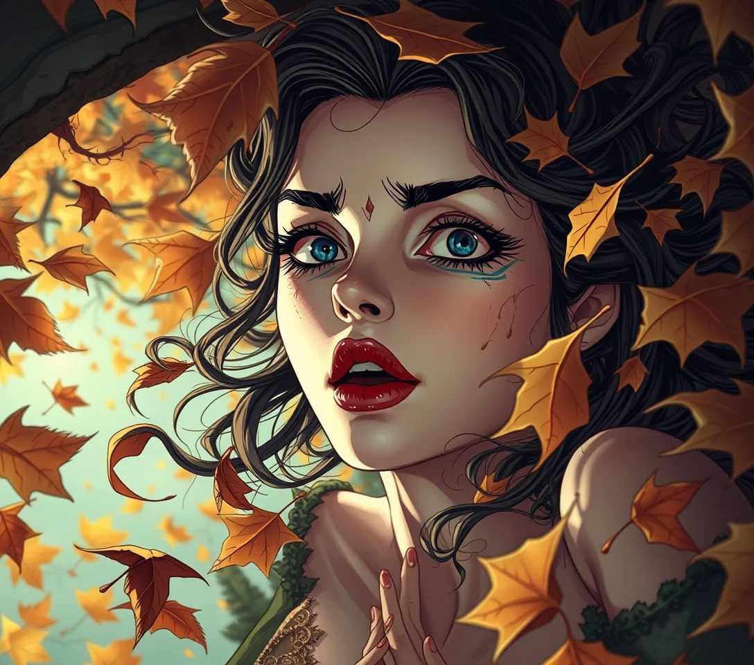 Surreale Frau stürzt durch eine unheimliche herbstliche Traumlandschaft
