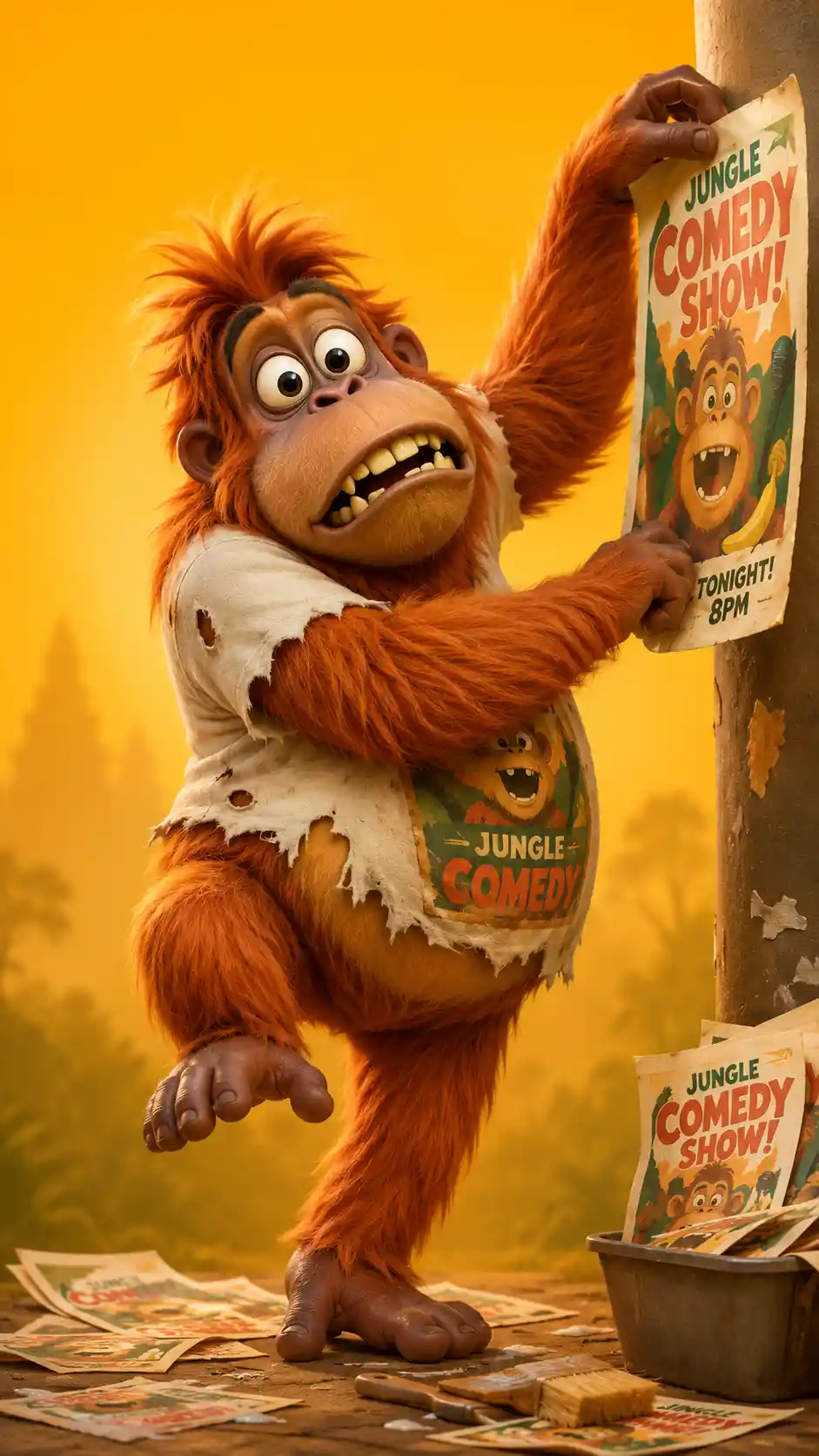 Orango giocherellone che attacca poster in illustrazione 3D