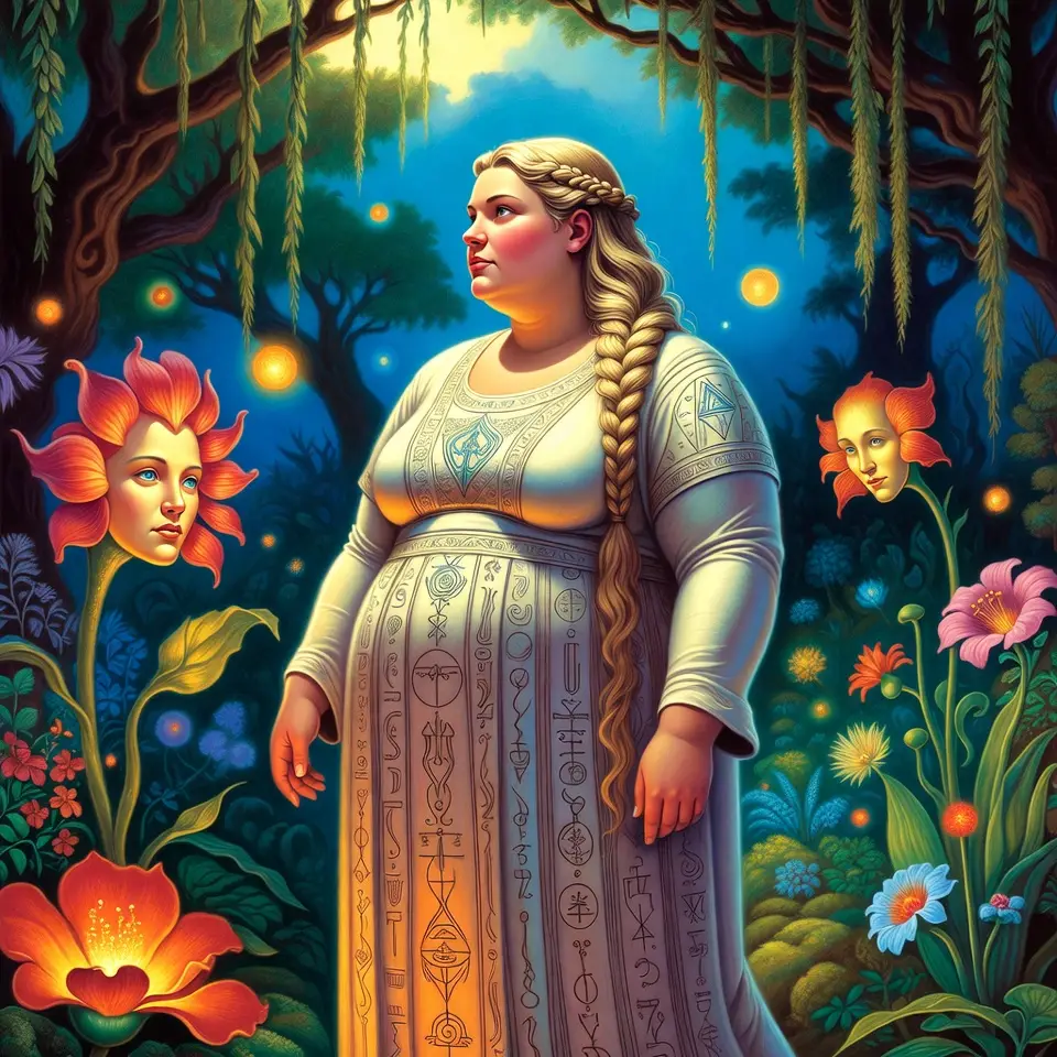 Full figured woman in a magical fantasy garden