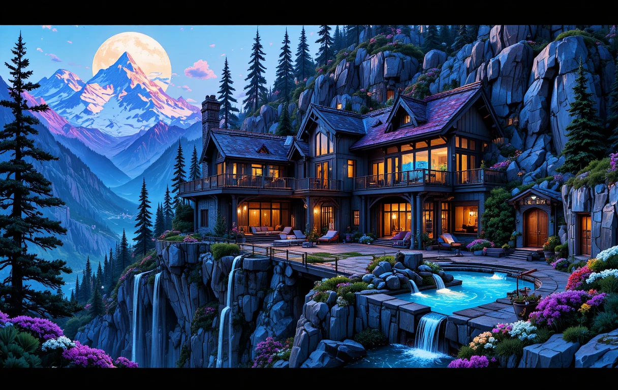 Casa de montaña fantástica con piscinas en cascada sobre el acantilado