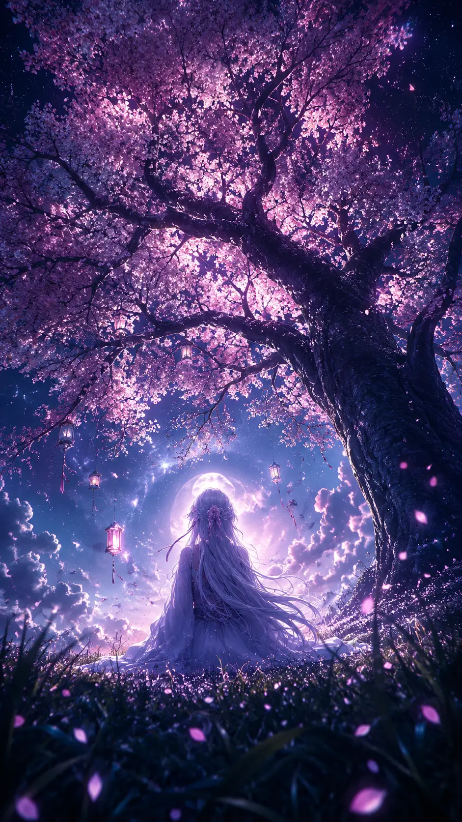 暮色櫻花樹下的銀髮動畫少女