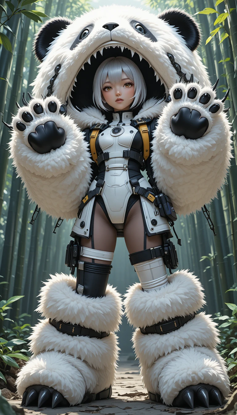 Chica anime con disfraz de panda en un bosque de bambú