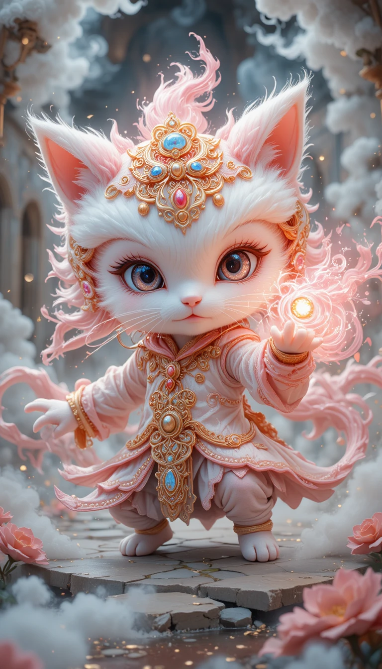 Rosa Fantasy-Katzenkriegerin wirkt leuchtende Wolkenmagie