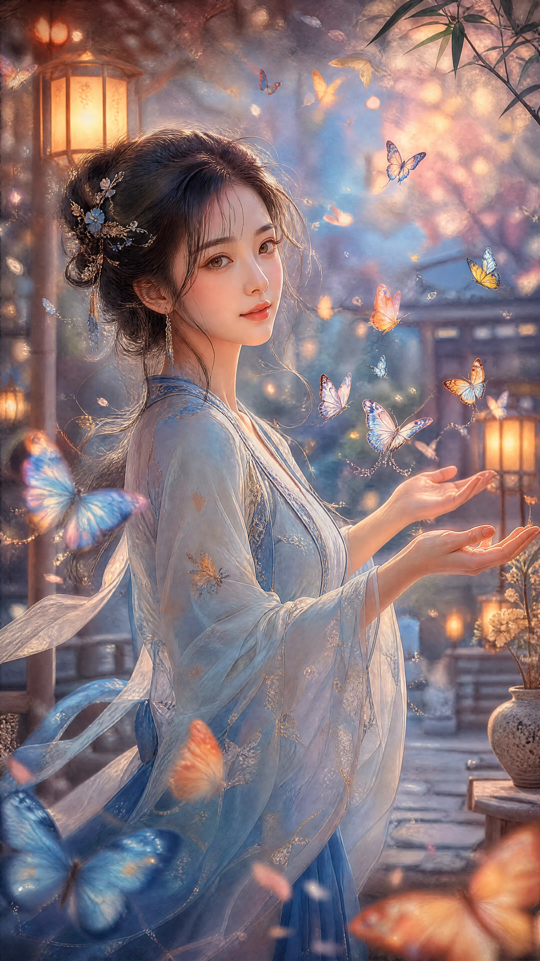 Femme asiatique sereine libérant des papillons dans un jardin pastel
