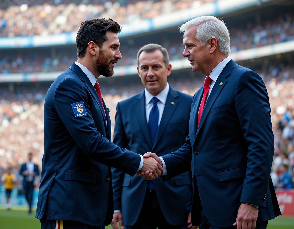 Handshake between football star and politician at stadium