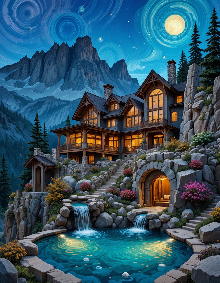 Maison-château de fantasy en montagne avec piscines en cascade sur falaise