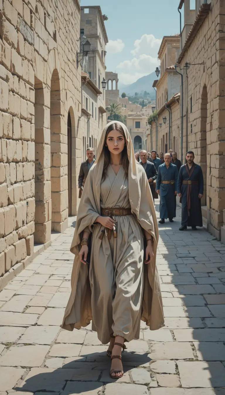 Woman walking quietly through a narrow street in ancient Jerusalem