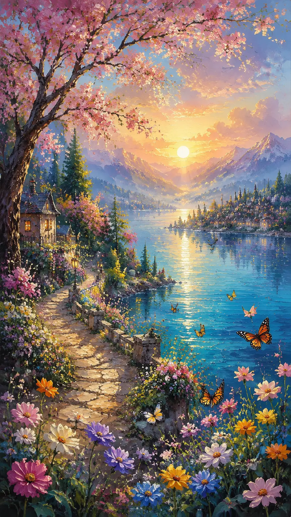 夢幻春日黎明下的寧靜湛藍湖畔