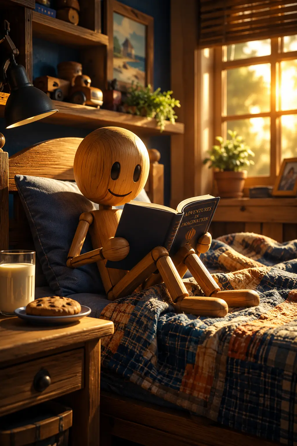 木製小人在溫馨陽光床上閱讀書本