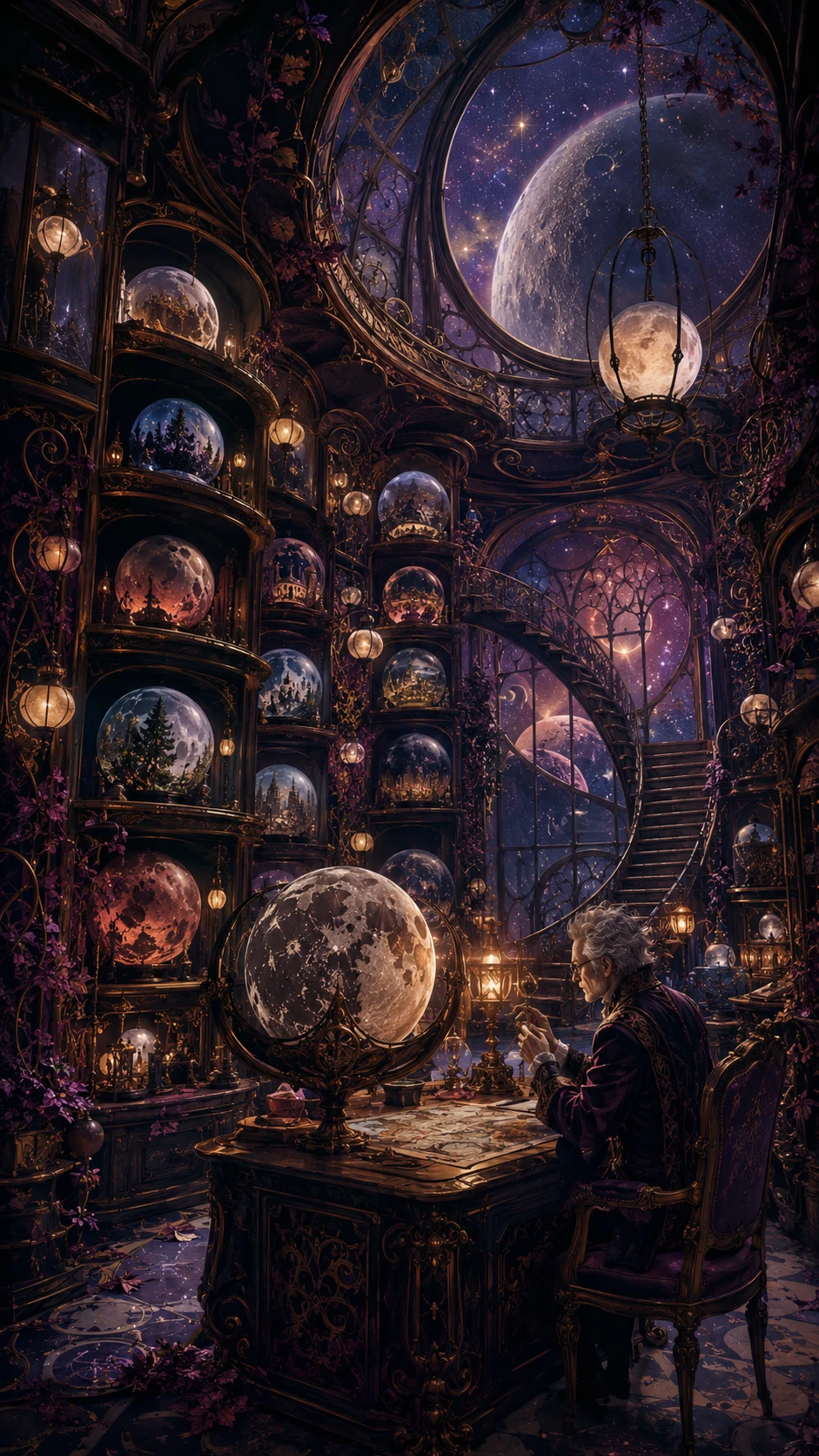 Whimsical curator in a crooked observatory of miniature moons