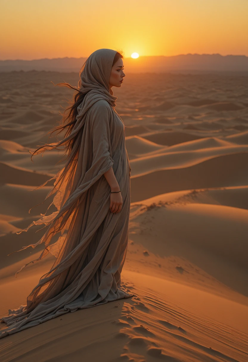 Donna in piedi su una duna al crepuscolo caldo del deserto