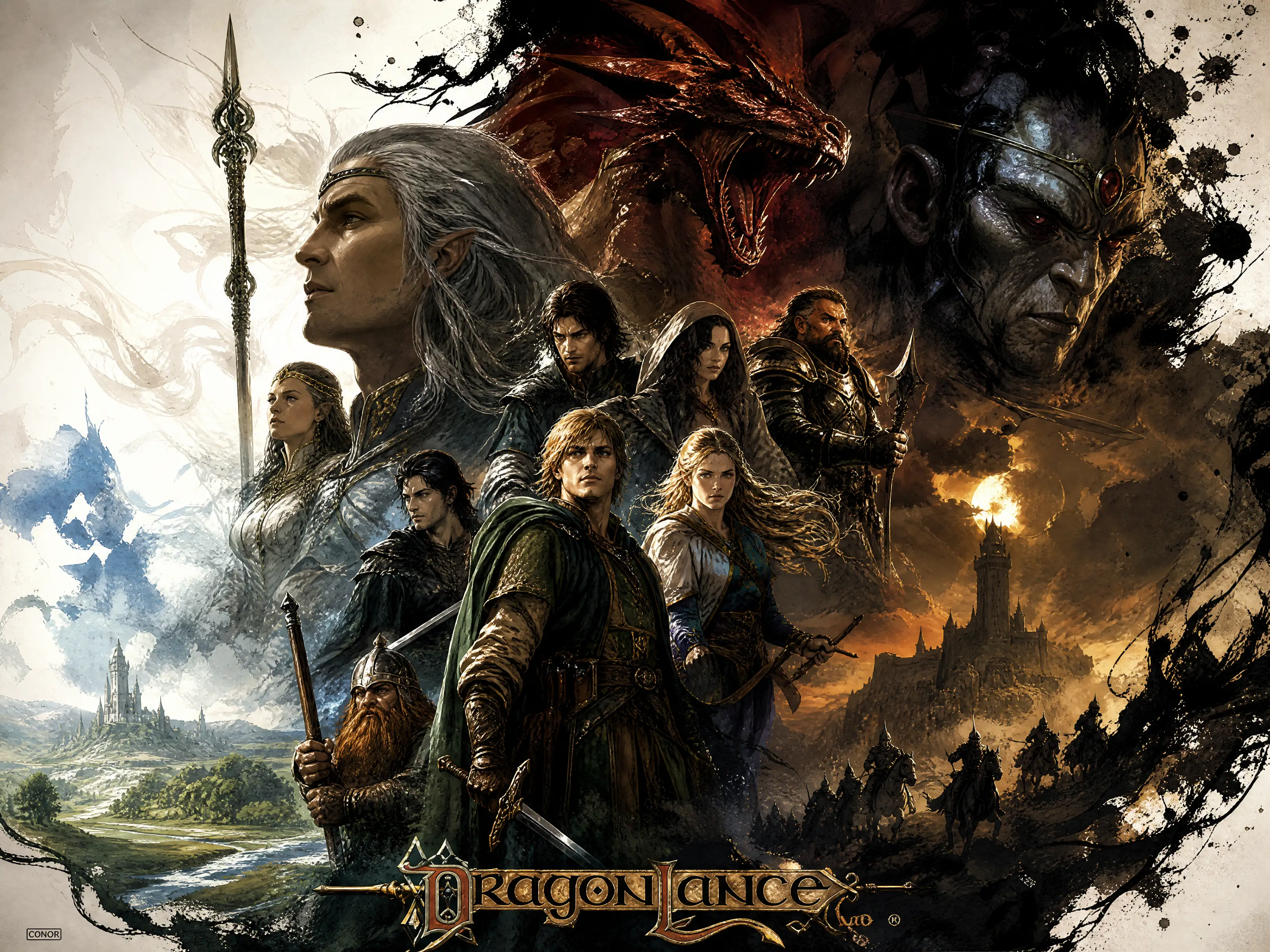 Guerriero fantasy epico avvolto da luce e ombra