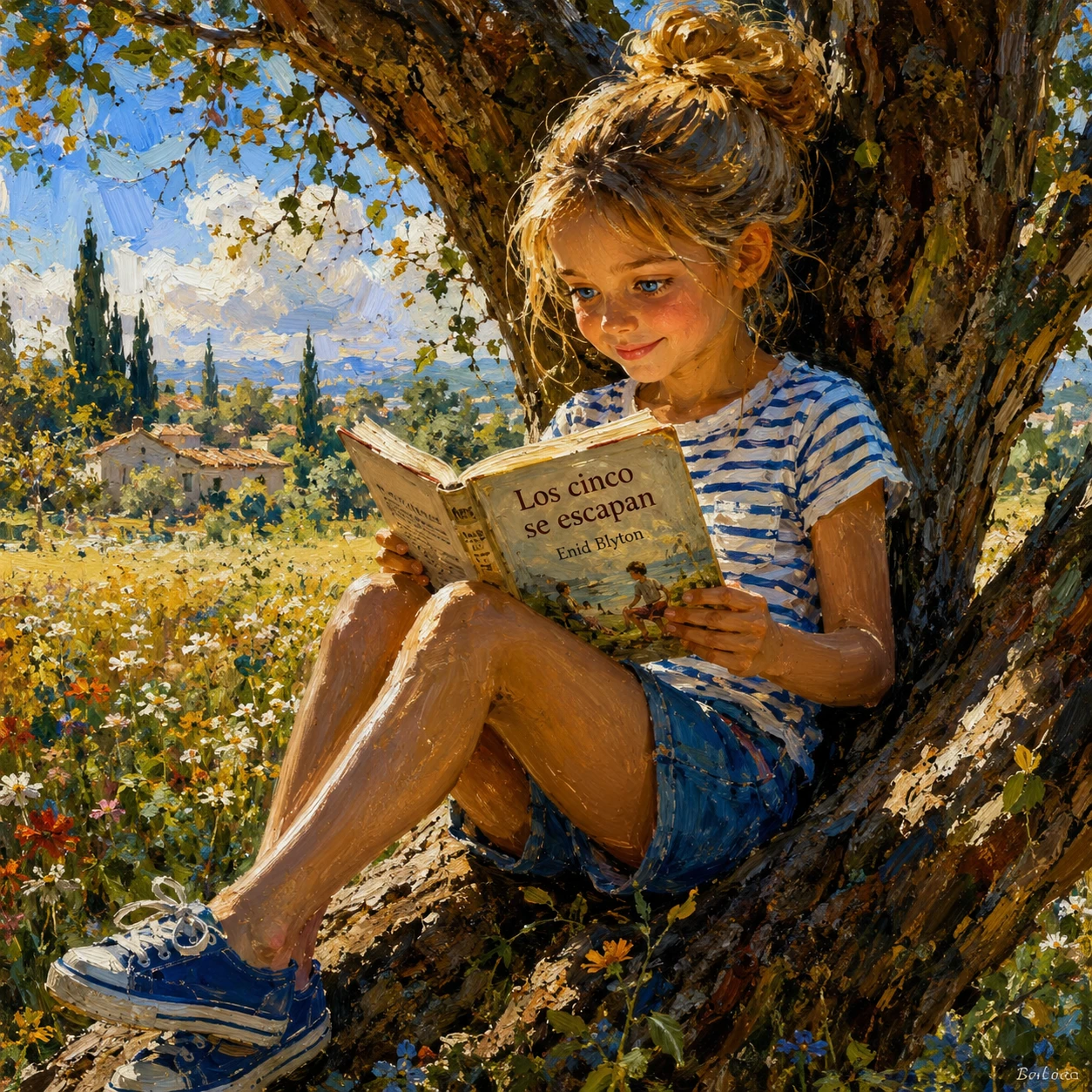 Fille lisant un livre d’histoires sous un arbre par une journée ensoleillée