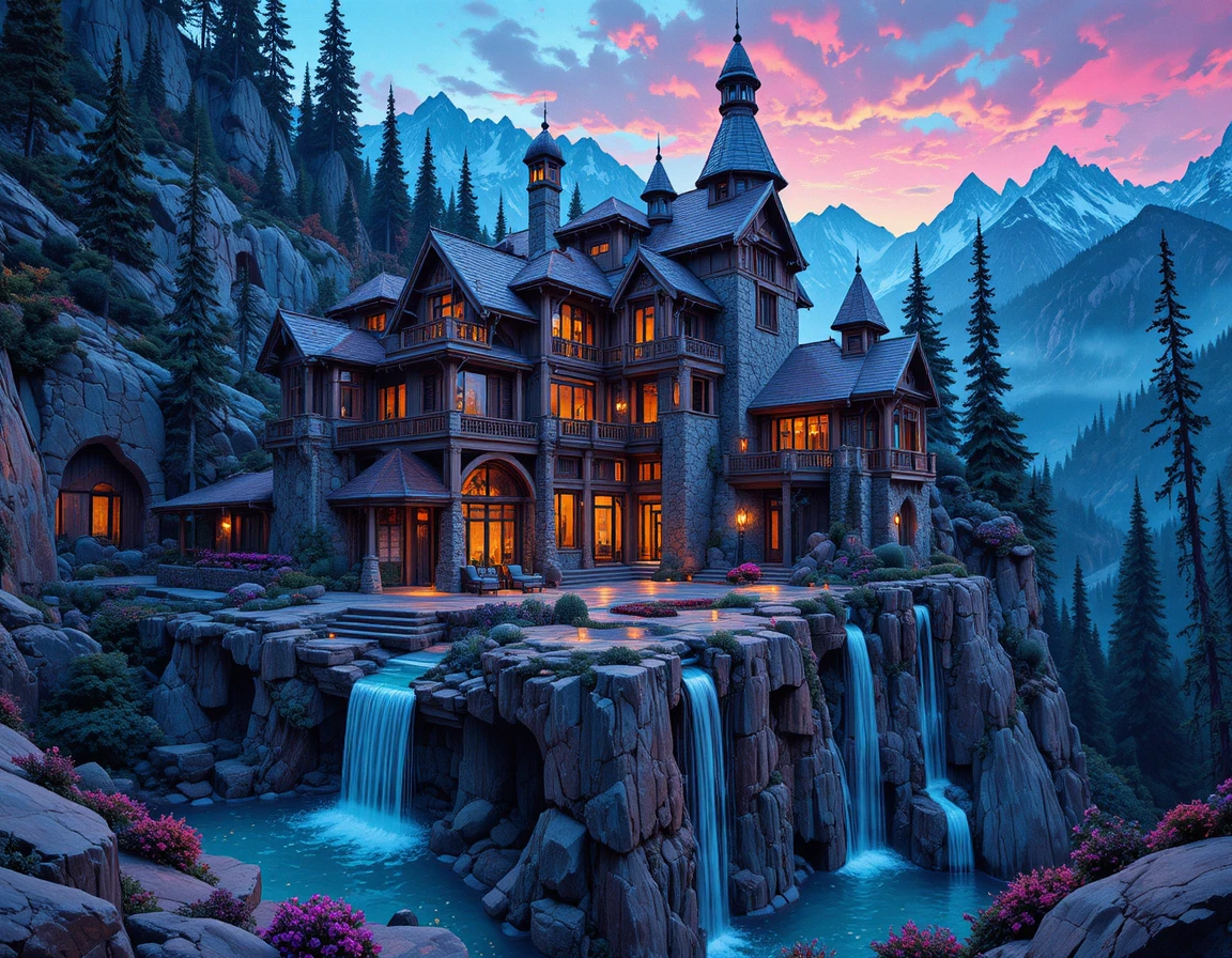 Dark fantasy mountain house with cascading cliffside pools
