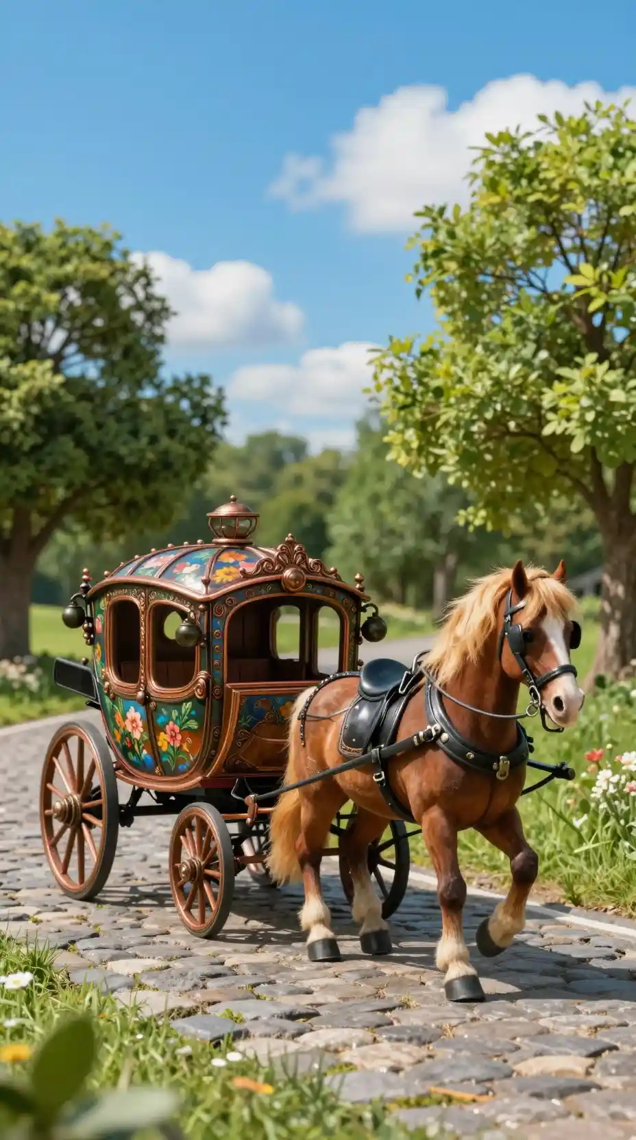 Piccola carrozza di legno fiabesca su una strada di ciottoli
