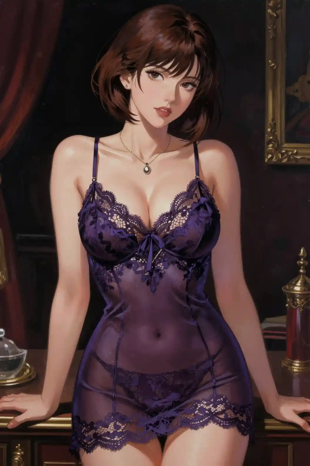 面向觀者的豐滿女子身穿紫色蕾絲睡衣
