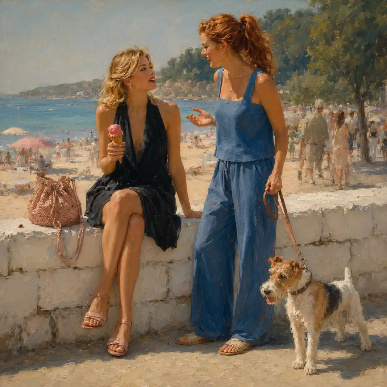 Zwei Frauen an einer weißen Mauer mit Blick auf den Strand