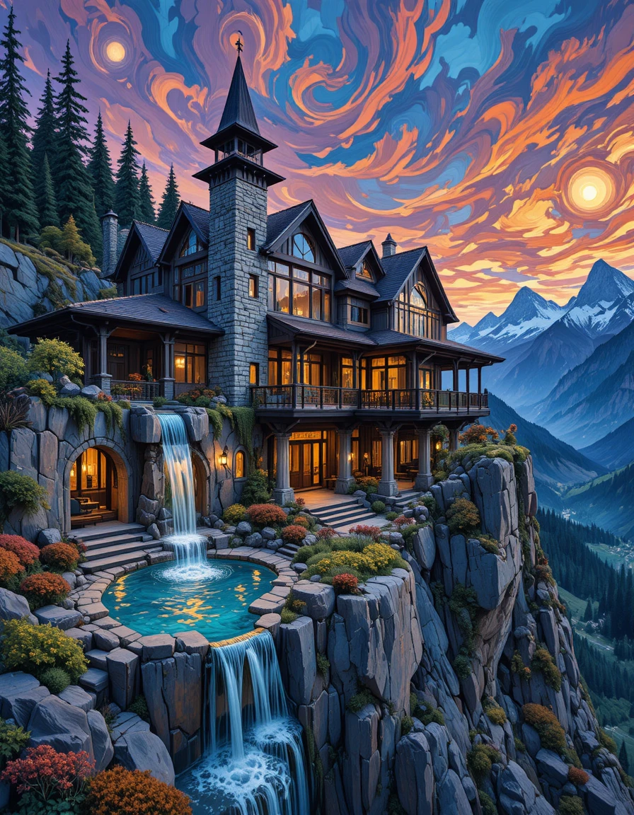 Fantastischer Bergschloss-Retreat mit terrassierten Klippenpools