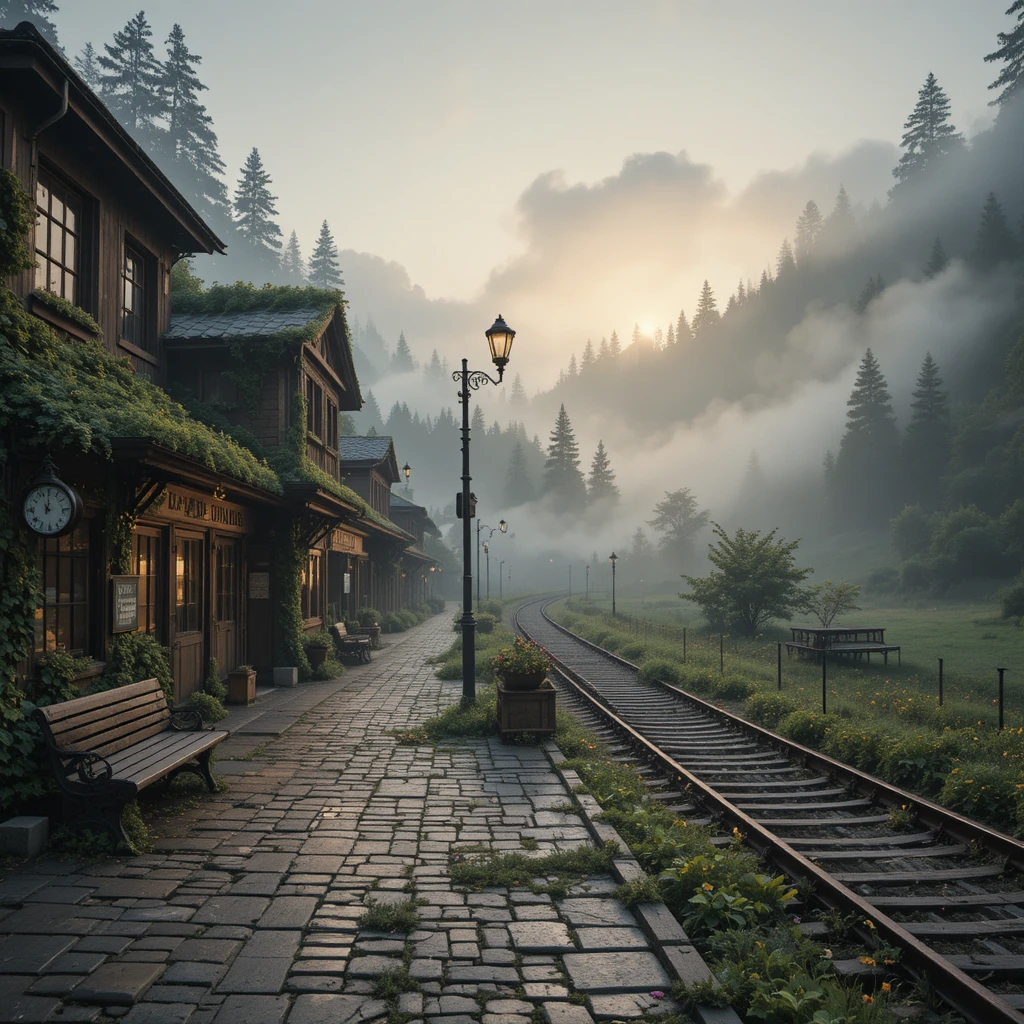 Verlassene Eisenbahnstadt am Hang im nebligen Abendlicht