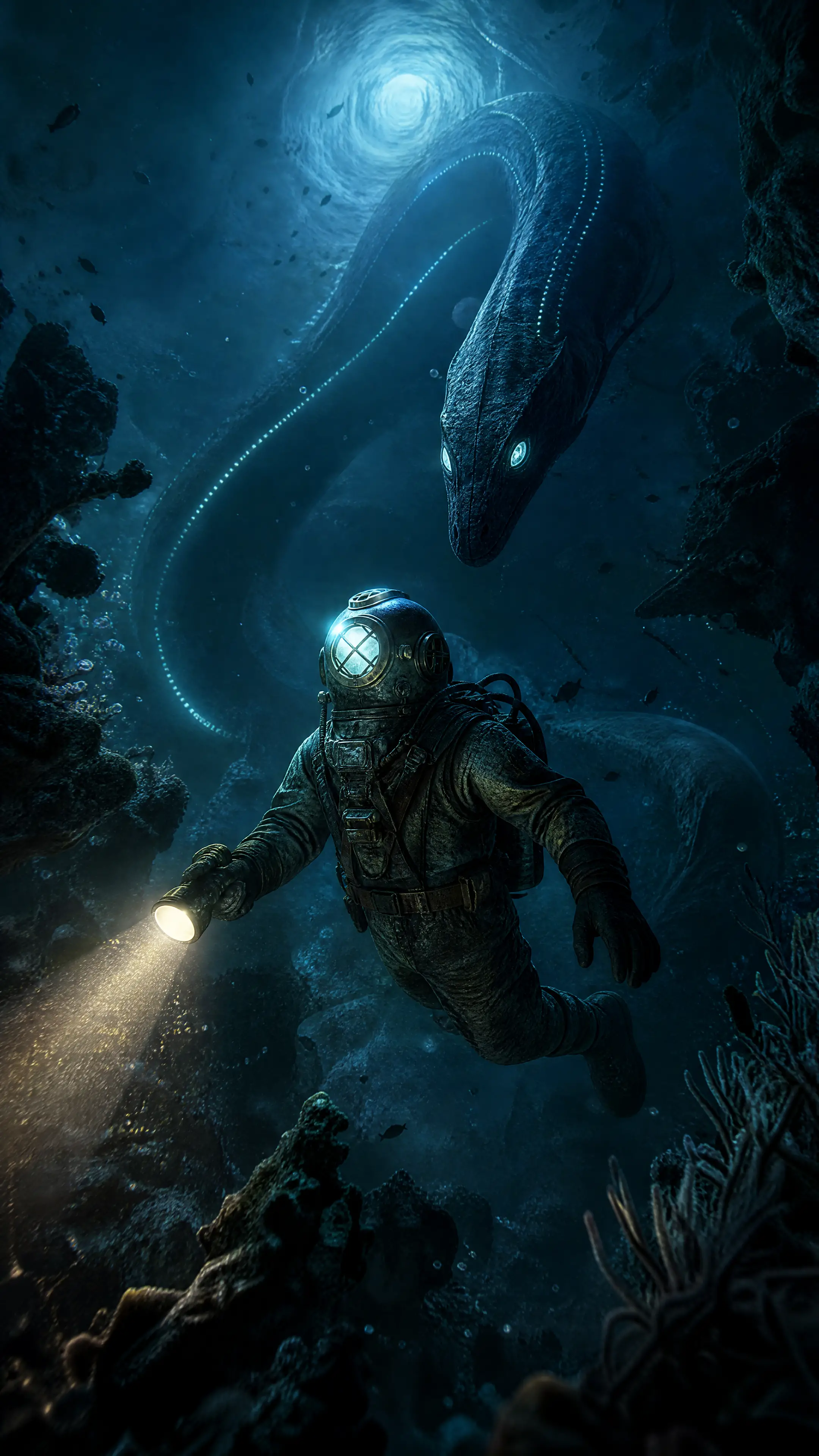 Digital illustration of a giant sea serpent in the abyss