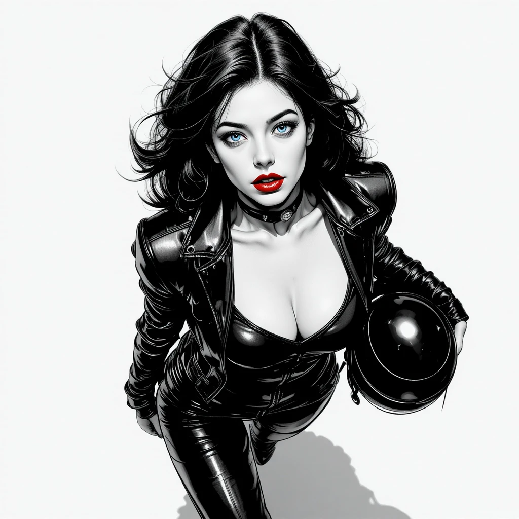 Confident woman in leather outfit seen from above