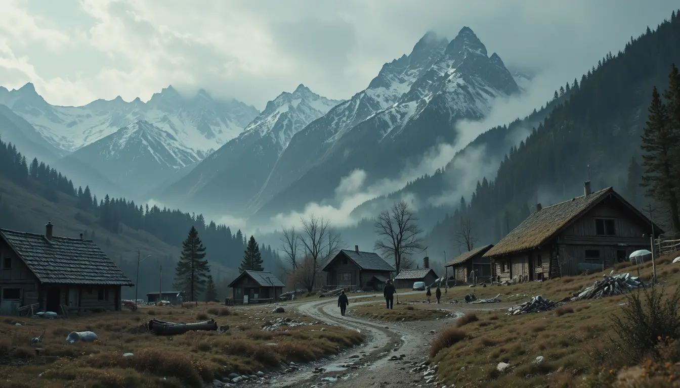 Fearful villagers facing an unseen growing mountain threat
