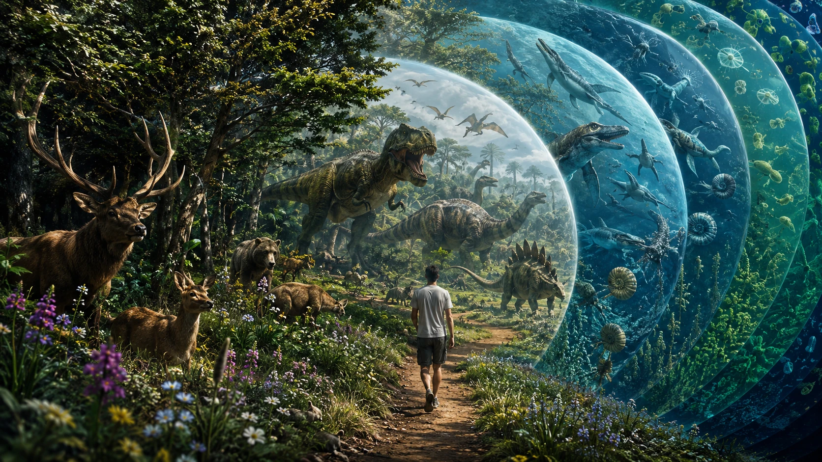 Plantas con flores y mamíferos antes de los imponentes dinosaurios en el tiempo