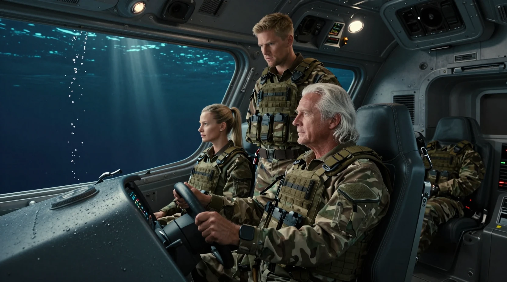 Tripulação armada em cabine de submarino sob o oceano escuro