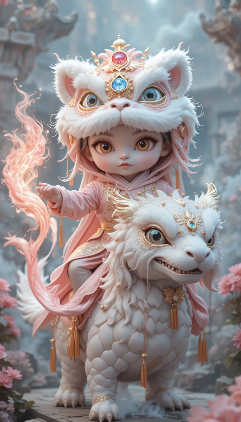 White kitten in lion dance hood with magical pink flames
