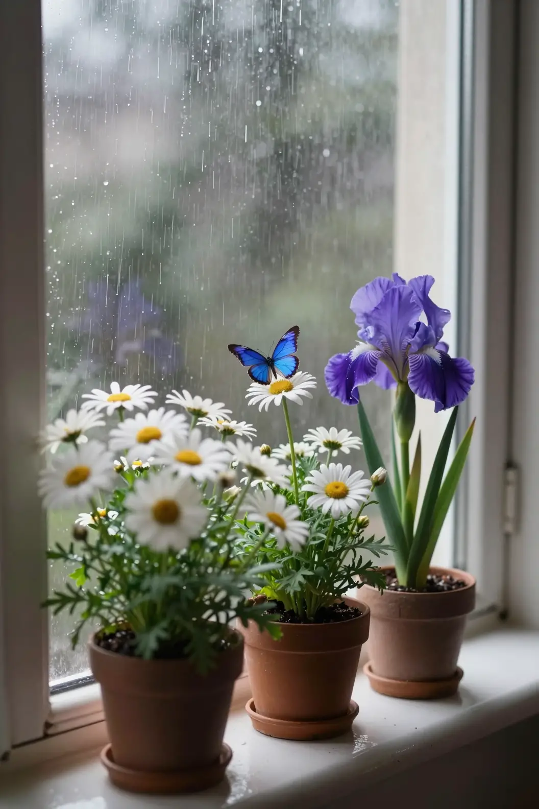 Makro-Nahaufnahme von Topfblumen auf einer regennassen Fensterbank