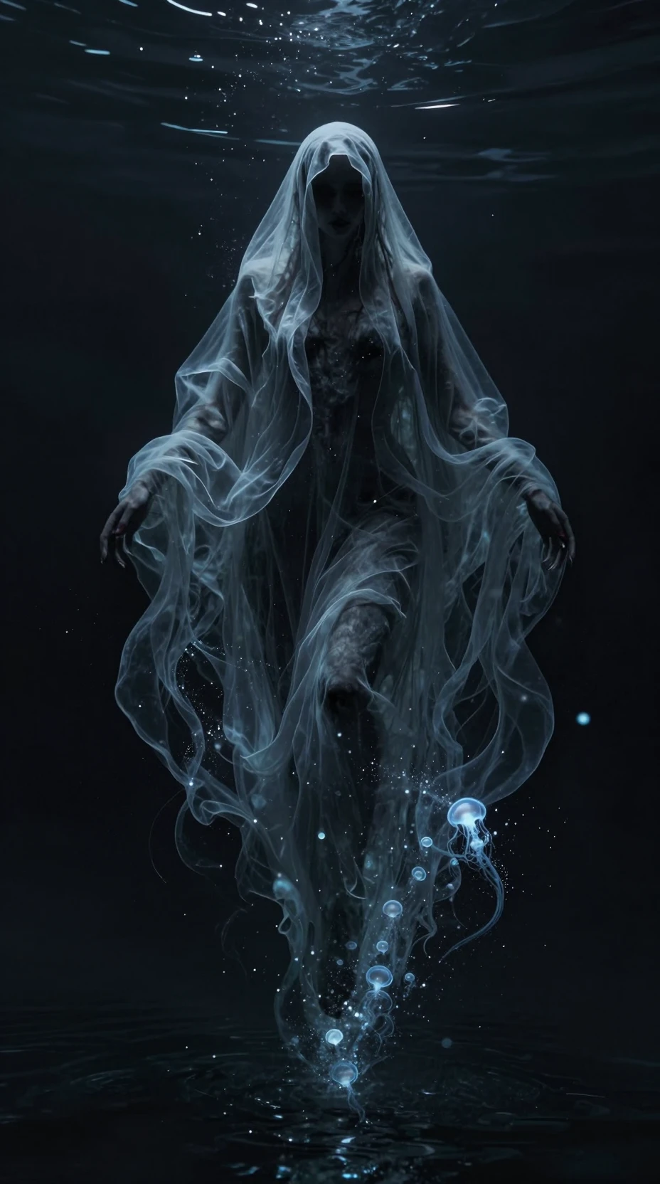Silhouette mystérieuse flottant dans un océan sombre avec écume lumineuse