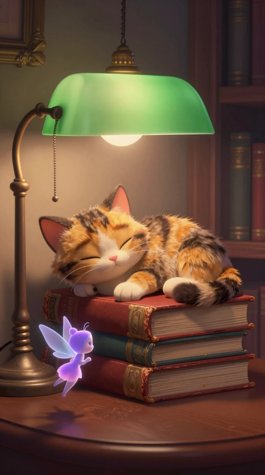 Schlafende Katze auf alten Büchern unter einer grünen Bibliothekslampe