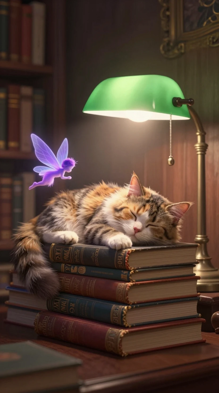 Gato tigrado dormindo sobre livros antigos sob um abajur verde de biblioteca
