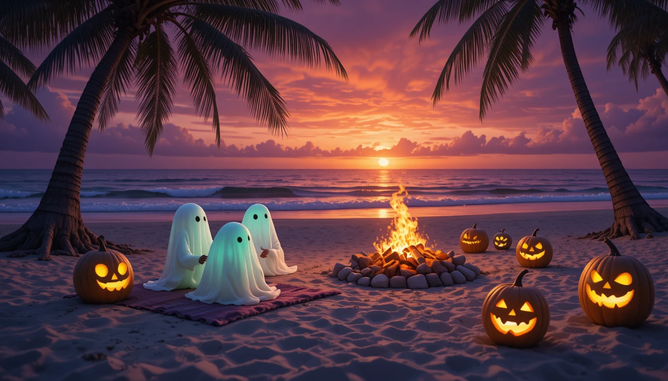 Festa de praia mágica de fantasmas ao redor de uma fogueira brilhante