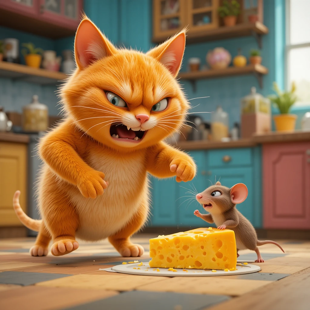 Gato laranja gordinho perseguindo um ratinho na cozinha