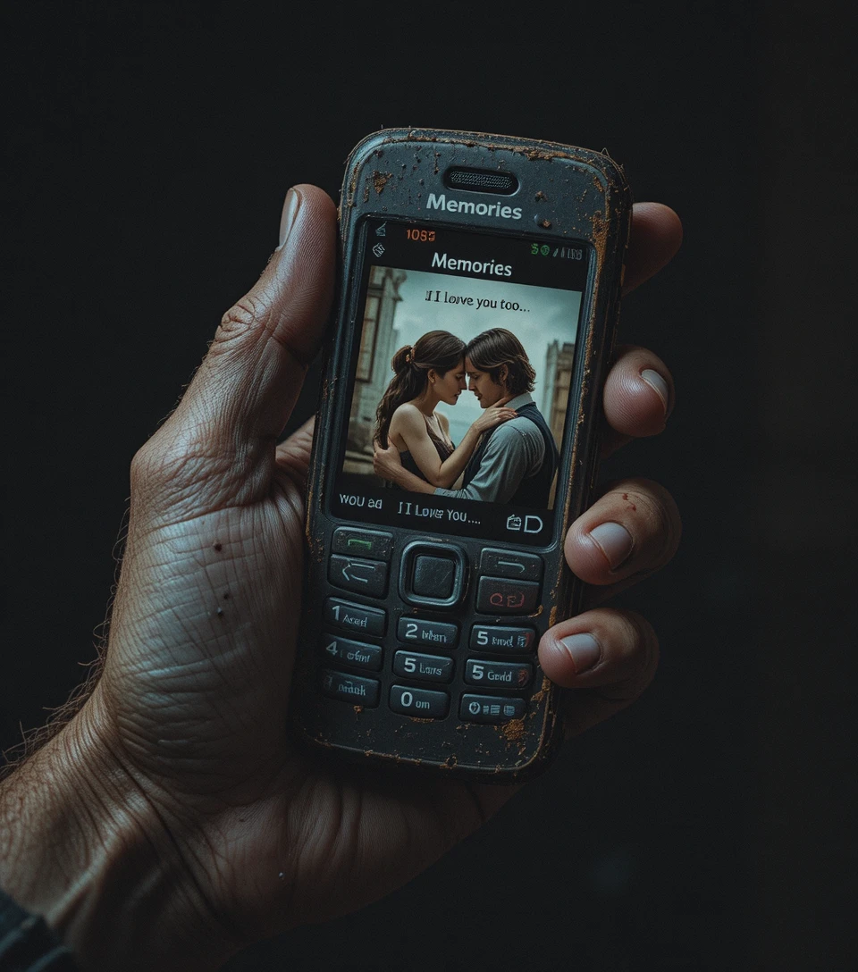 Gealterte Hand hält ein altes Handy, das vor Erinnerungen leuchtet