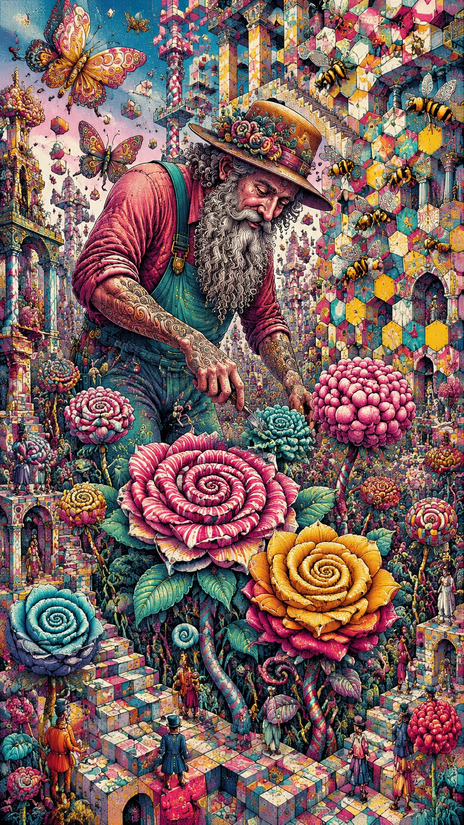 Überragender Gärtner in einem surrealen Zuckerlblumengarten