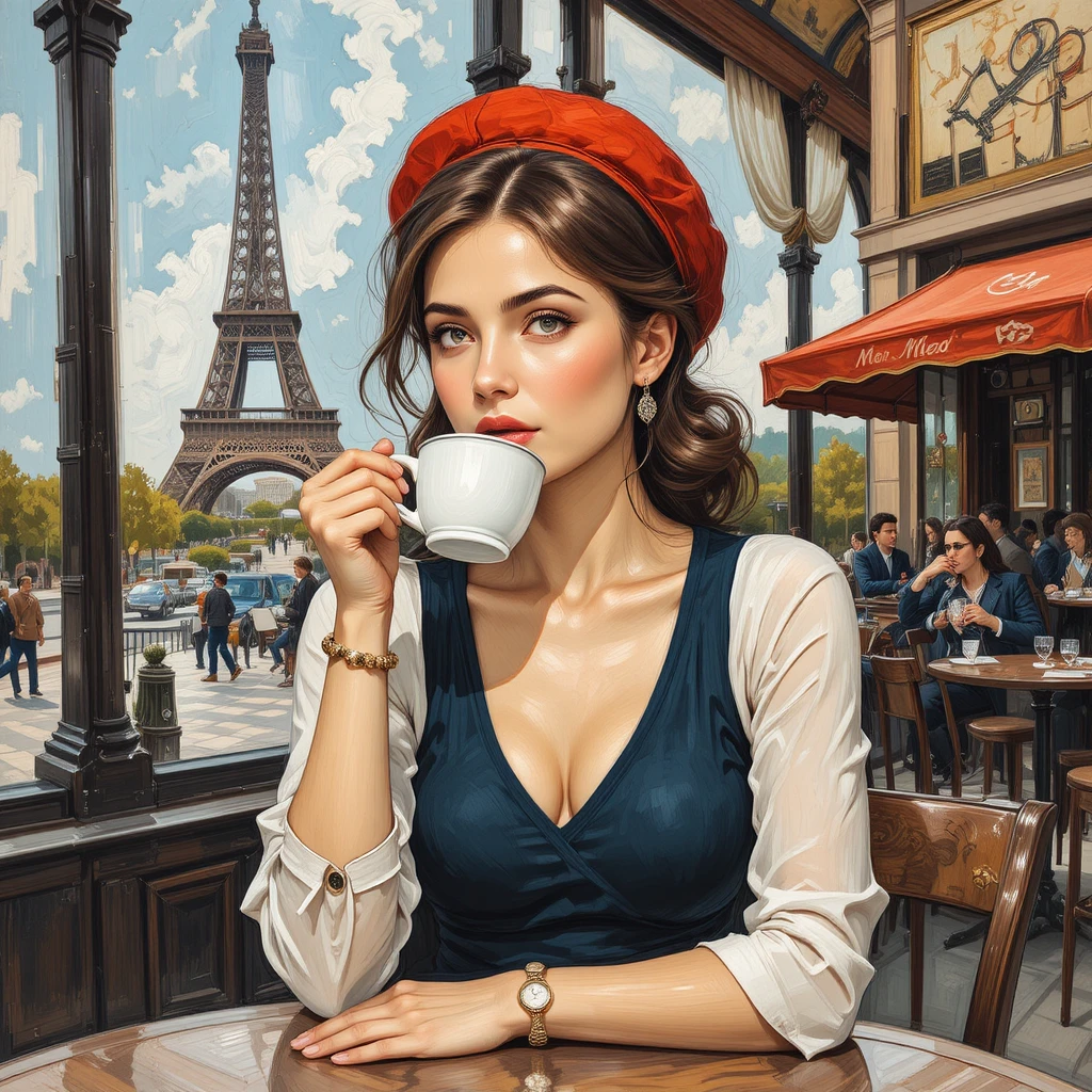 Donna con berretto che gusta un caffè in un bistrot parigino
