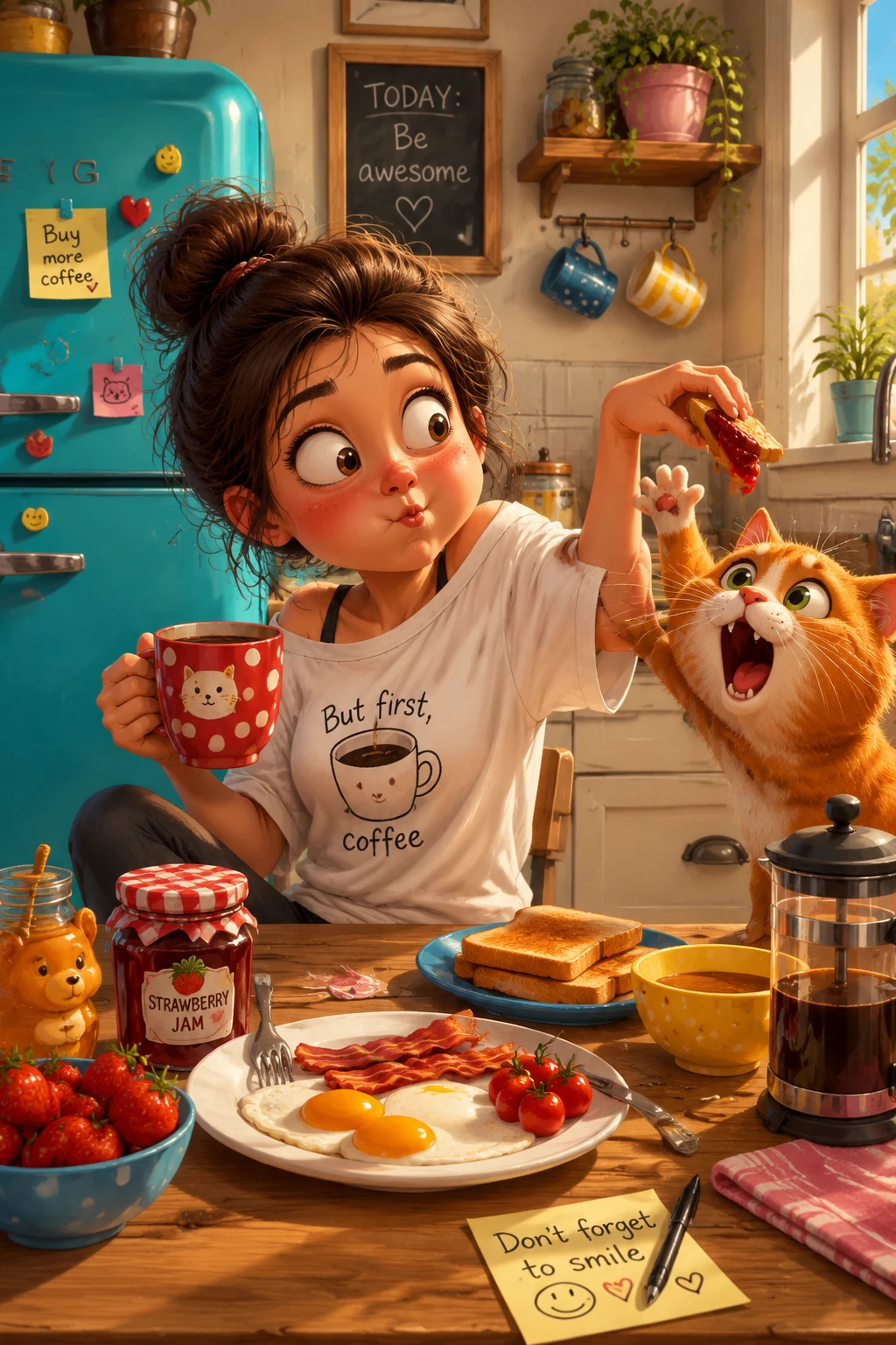 Fillette enjouée et chat partagent le petit-déjeuner dans une cuisine colorée
