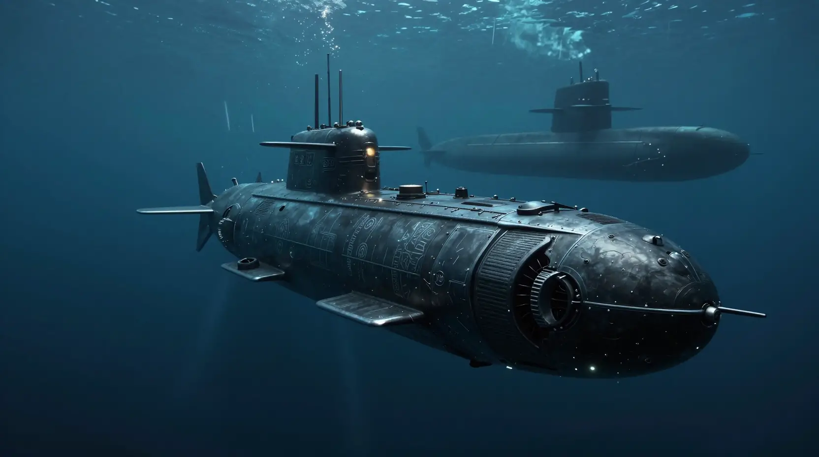 深い暗黒の海を進む装甲SF潜水艦