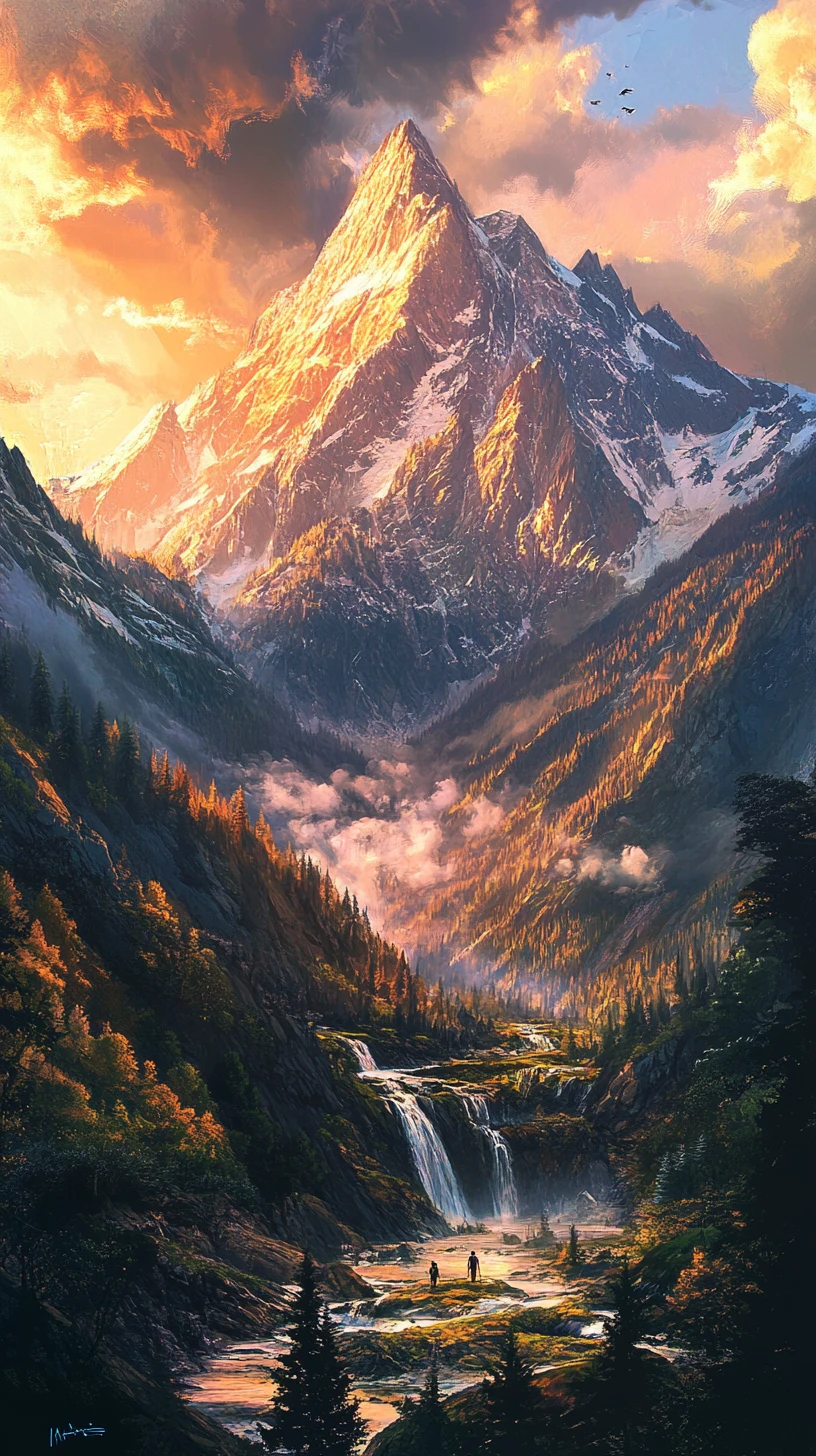 Paisagem montanhosa ao pôr do sol formando um sutil abraço humano
