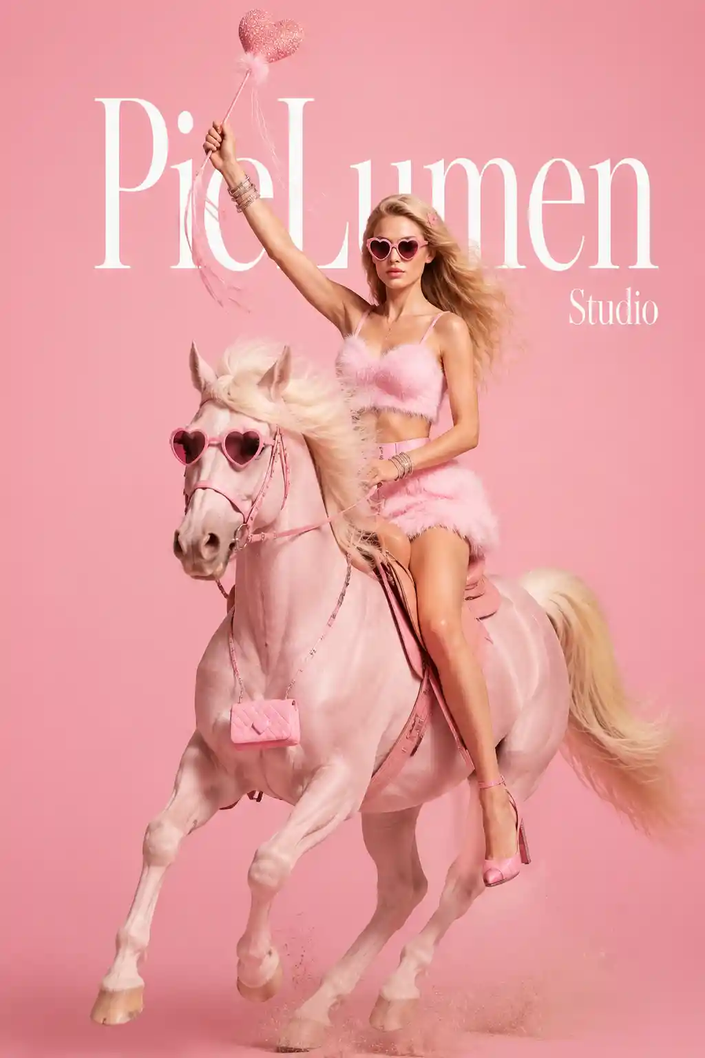 Surreale pinke Fashion-Frau, die ein pastellfarbenes Pferd reitet