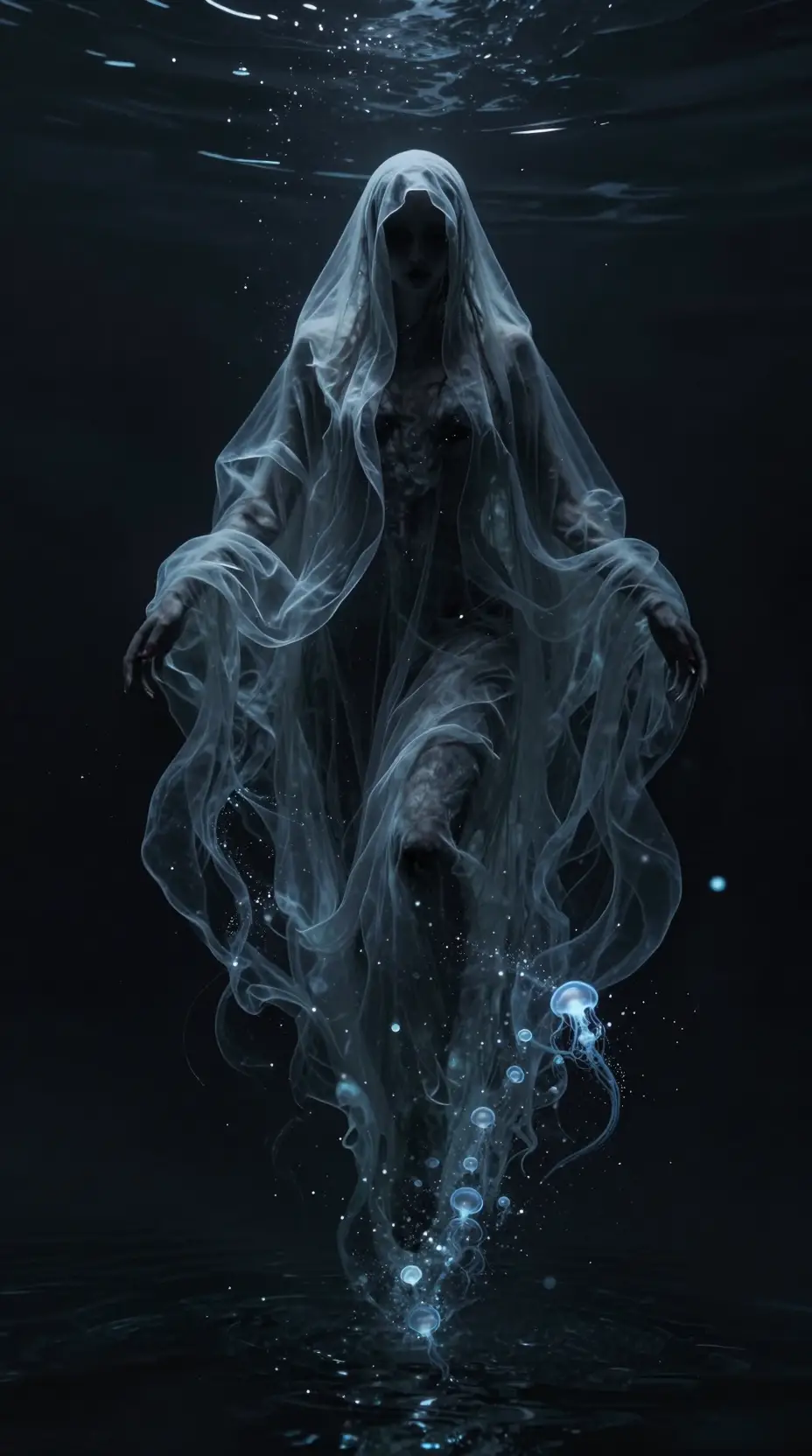 Figura misteriosa che fluttua in un oceano oscuro con schiuma di mare luminosa